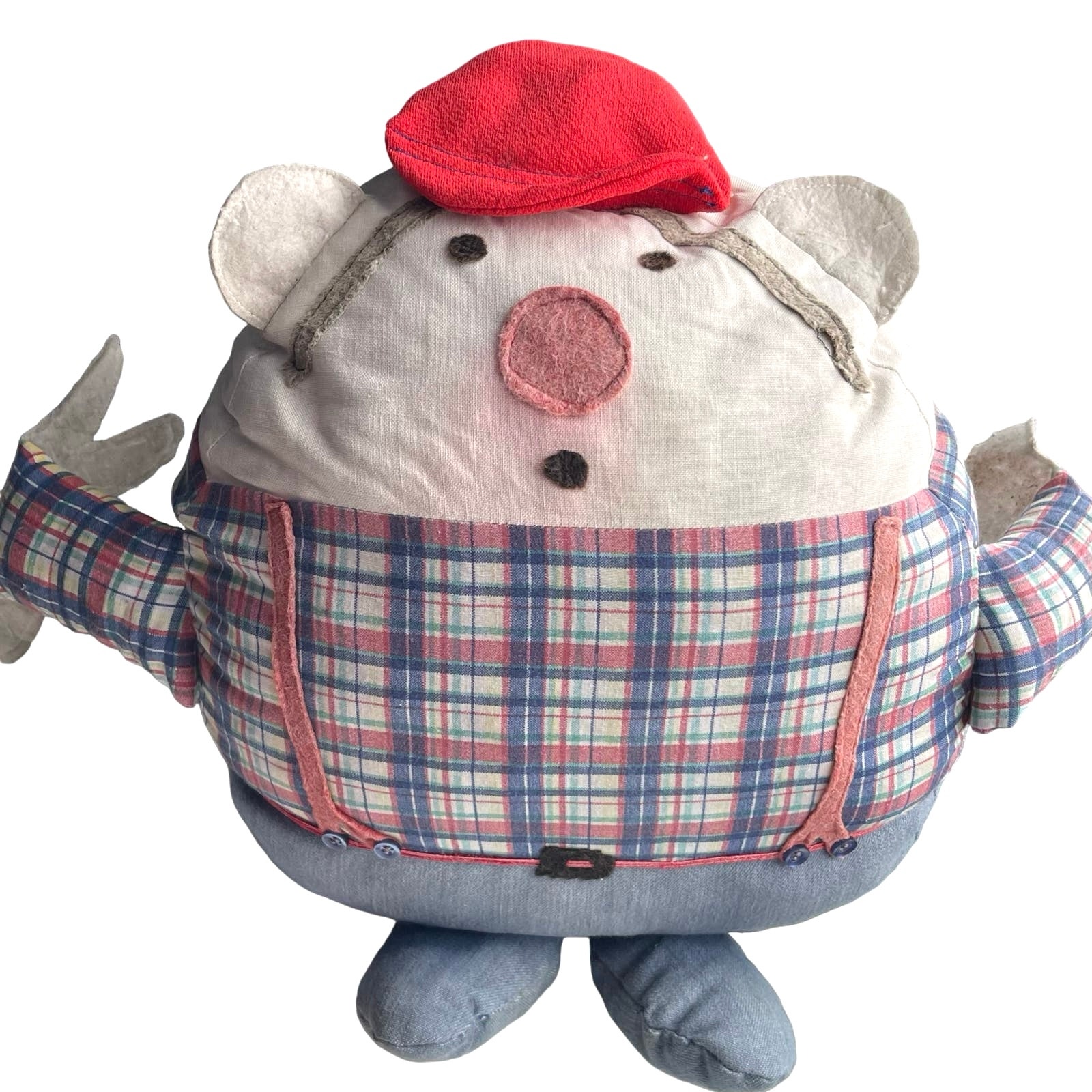 Vtg Mr. Fred Gonk 1960s Handmade 14” Plush Plaid Shirt Red Suspenders Cap Stains