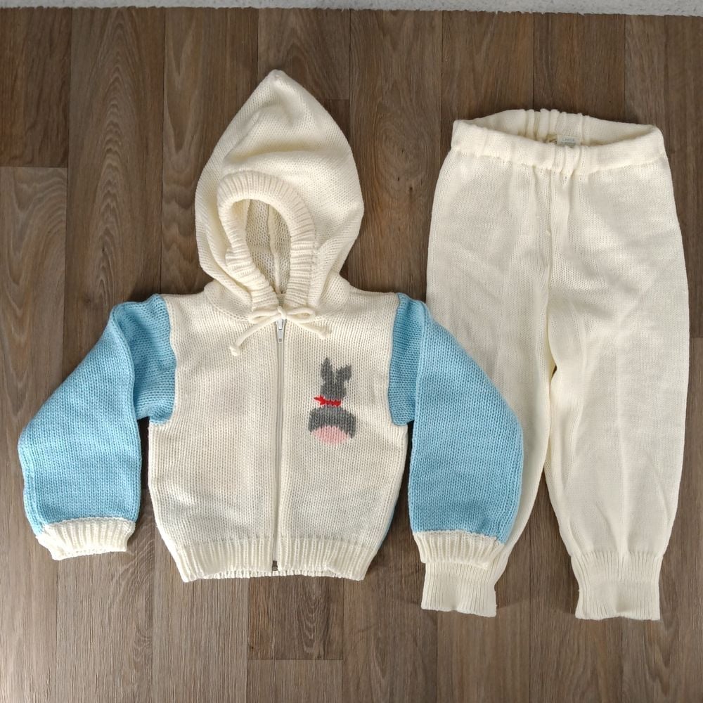 Vintage Sears Infant 24 Months 2pc Hooded Sweater Pants Set Ivory & Blue Bunny