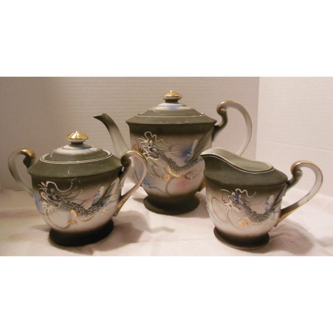 Vintage Japan Moriage Black Gold Dragon Ware Tea Pot Creamer/Sugar Embossed