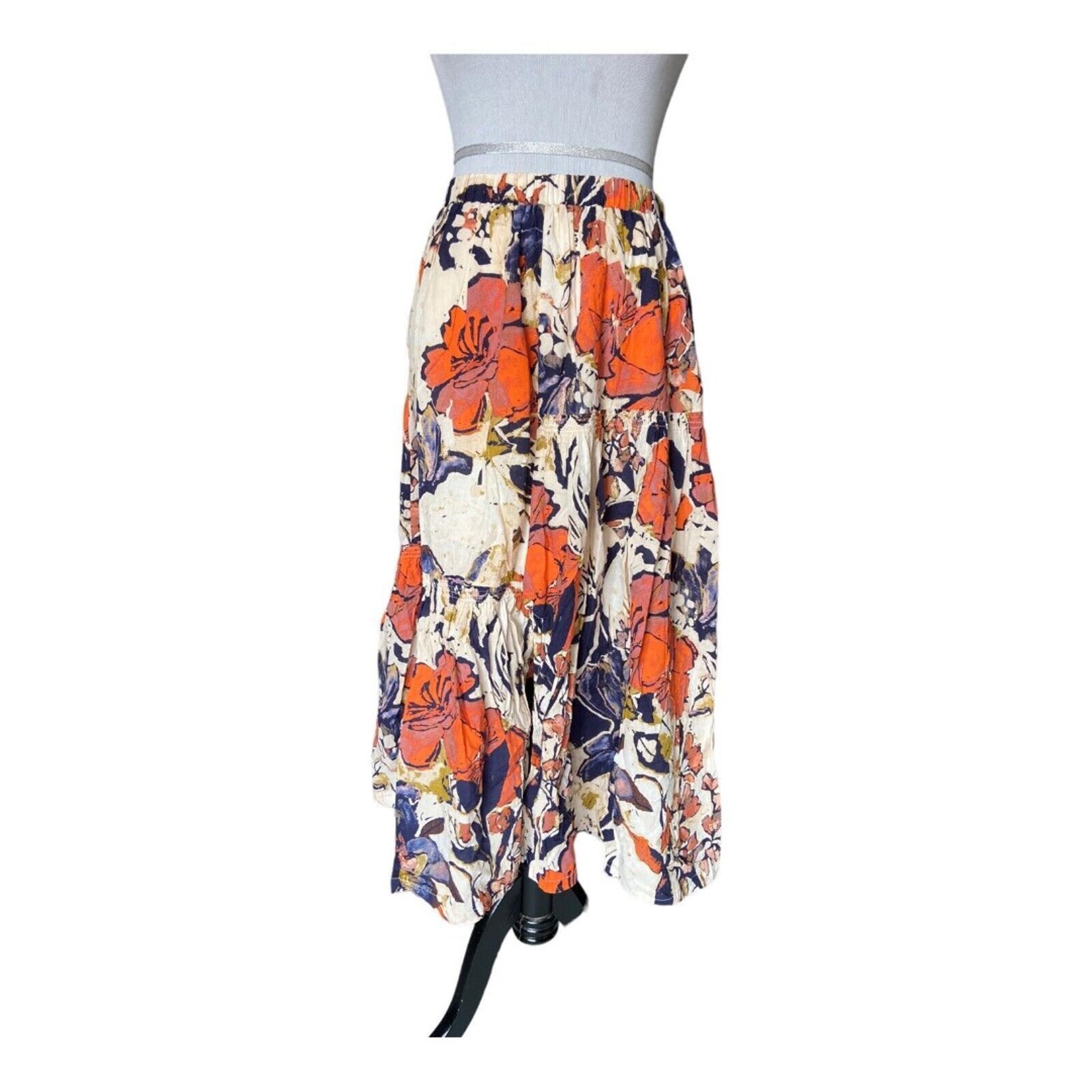 Free People Womens Tiered Maxi Skirt Size S Blue Orange Floral Slit Boho Gypsy