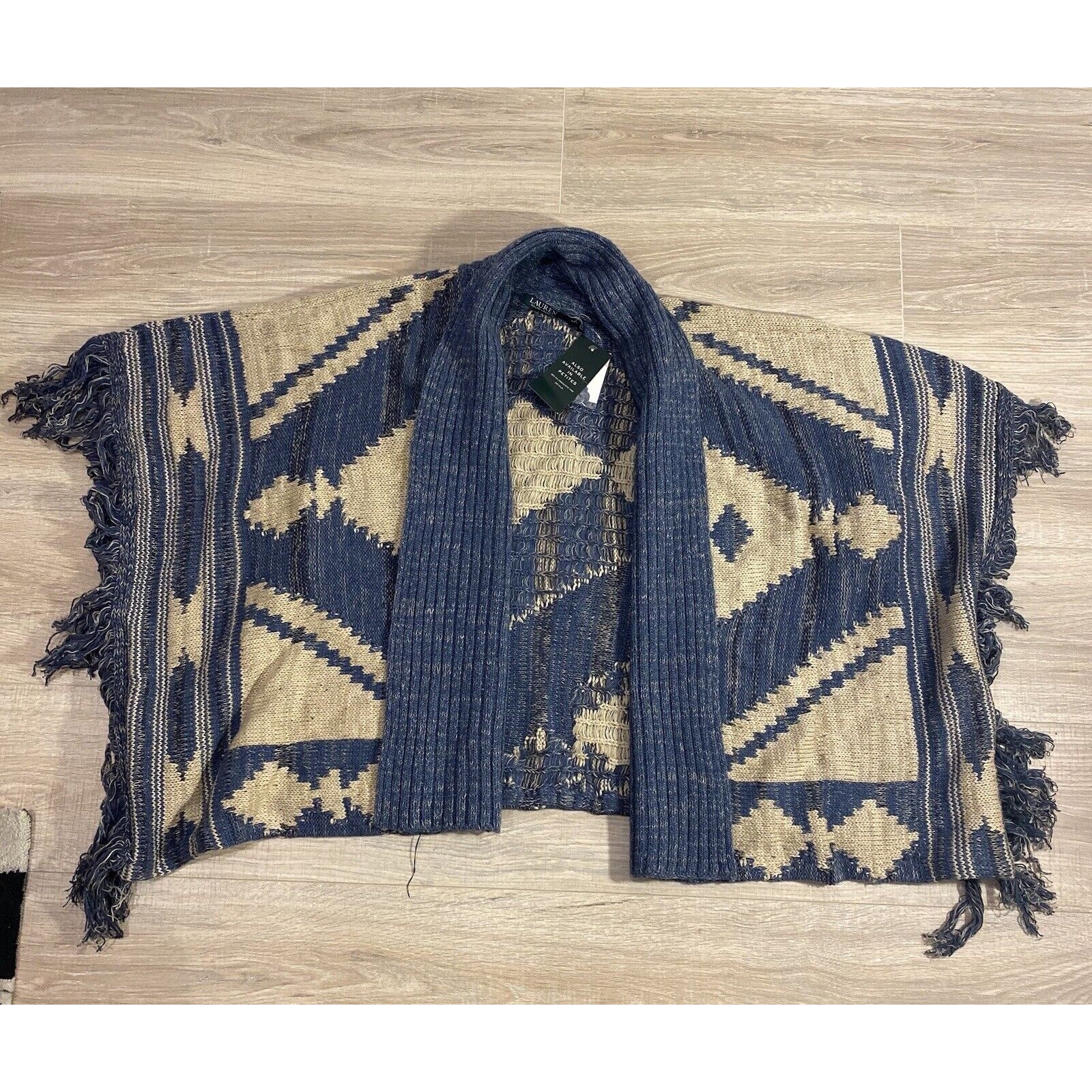 NWT Polo Ralph Lauren Aztec Poncho Cardigan Blue Wool Blend Knit Sweater XXS