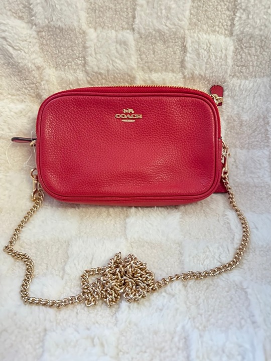 NWT! RARE! Coach F72490 Pebbled Red Leather Double Zip Chain Crossbody Pouch