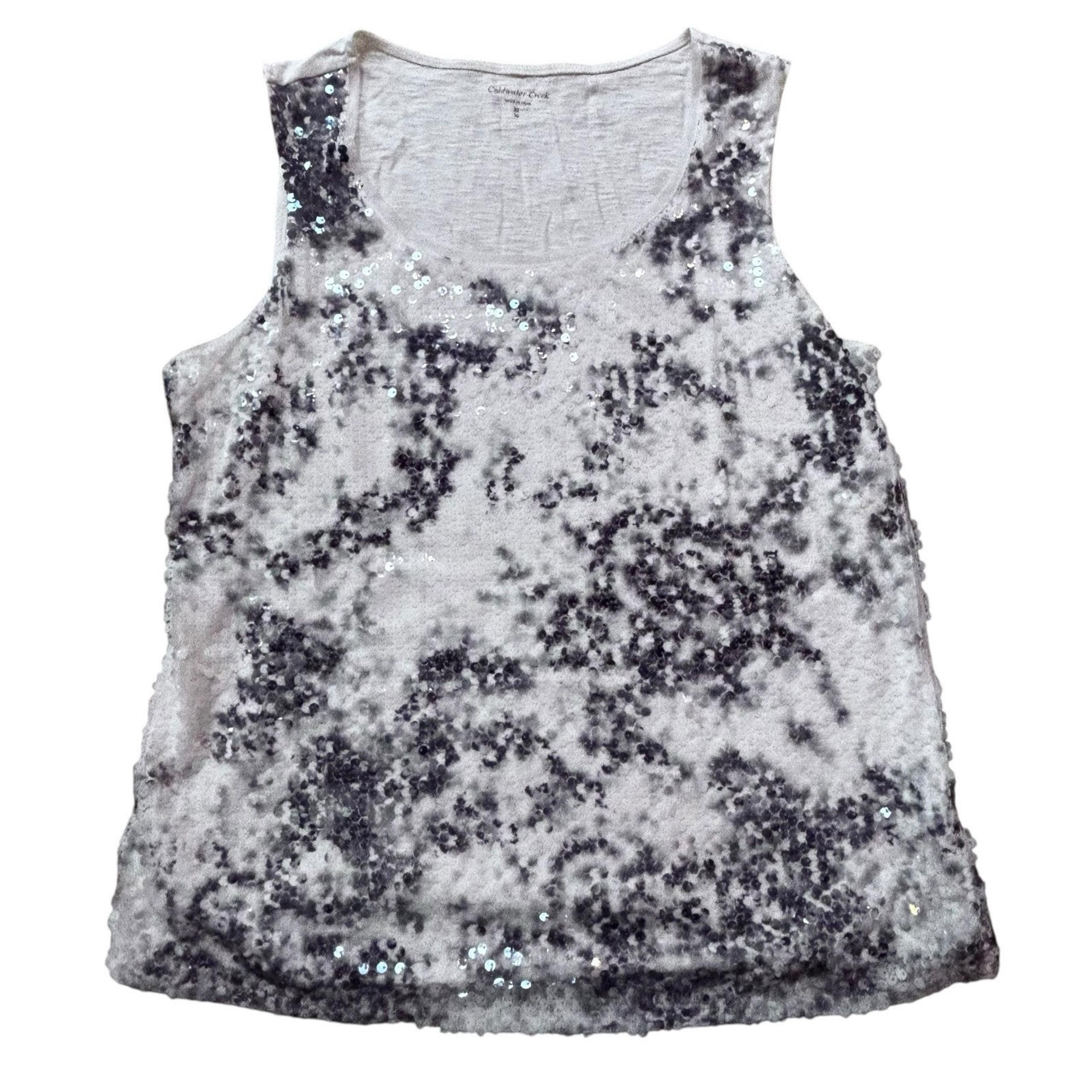 Coldwater Creek Shirt Womens XL Gray Cream Sequin Tank Top Stretch Elegant 16