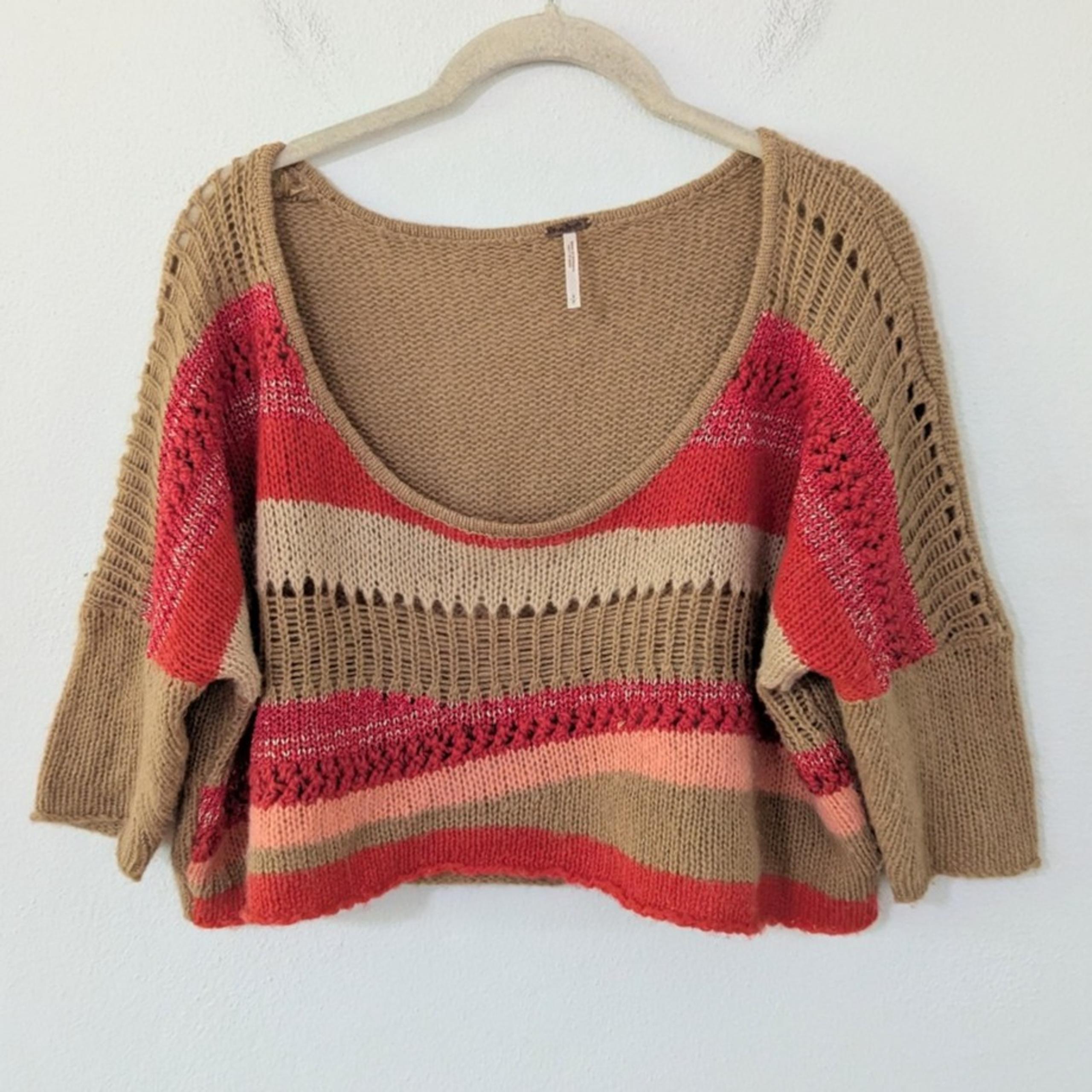 Free People Wool Blend Oversize Short Sleeve Sweater Top Crop Brown Red Small S