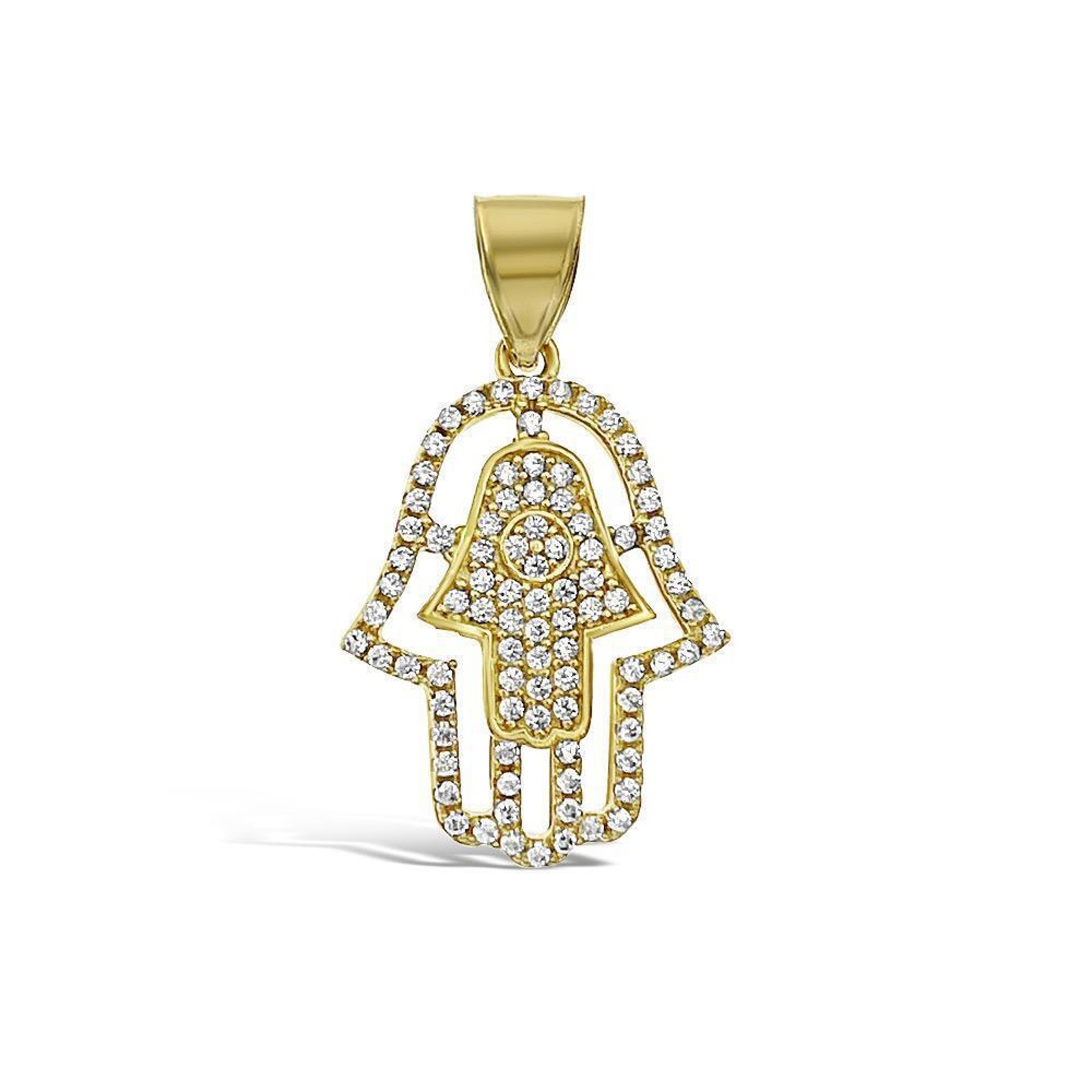 Hamsa Fatima Hand Pendant Charm 10k Yellow Gold CZ 1.2 inch
