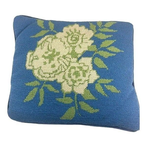 Vintage White Roses Magnolia Blue Finished Needlepoint Victorian Floral 13”