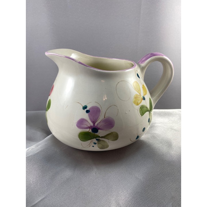 Vintage Hand Painted Floral Ceramic Pitcher Creamer Portugal Squat