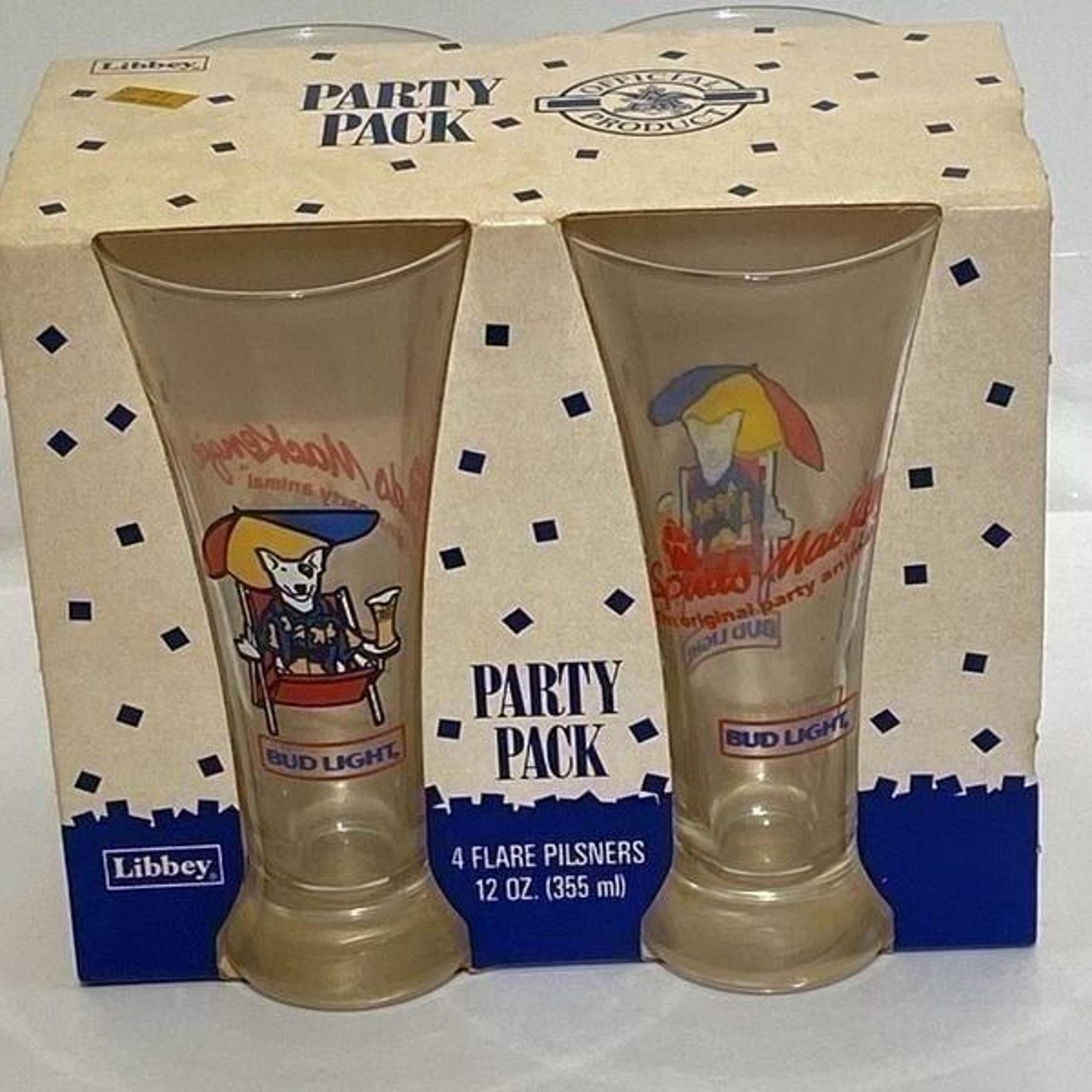 Libbey Multicolor 1987 Budweiser Party Pack Spuds McKenzie 4 Pilsner Glasses