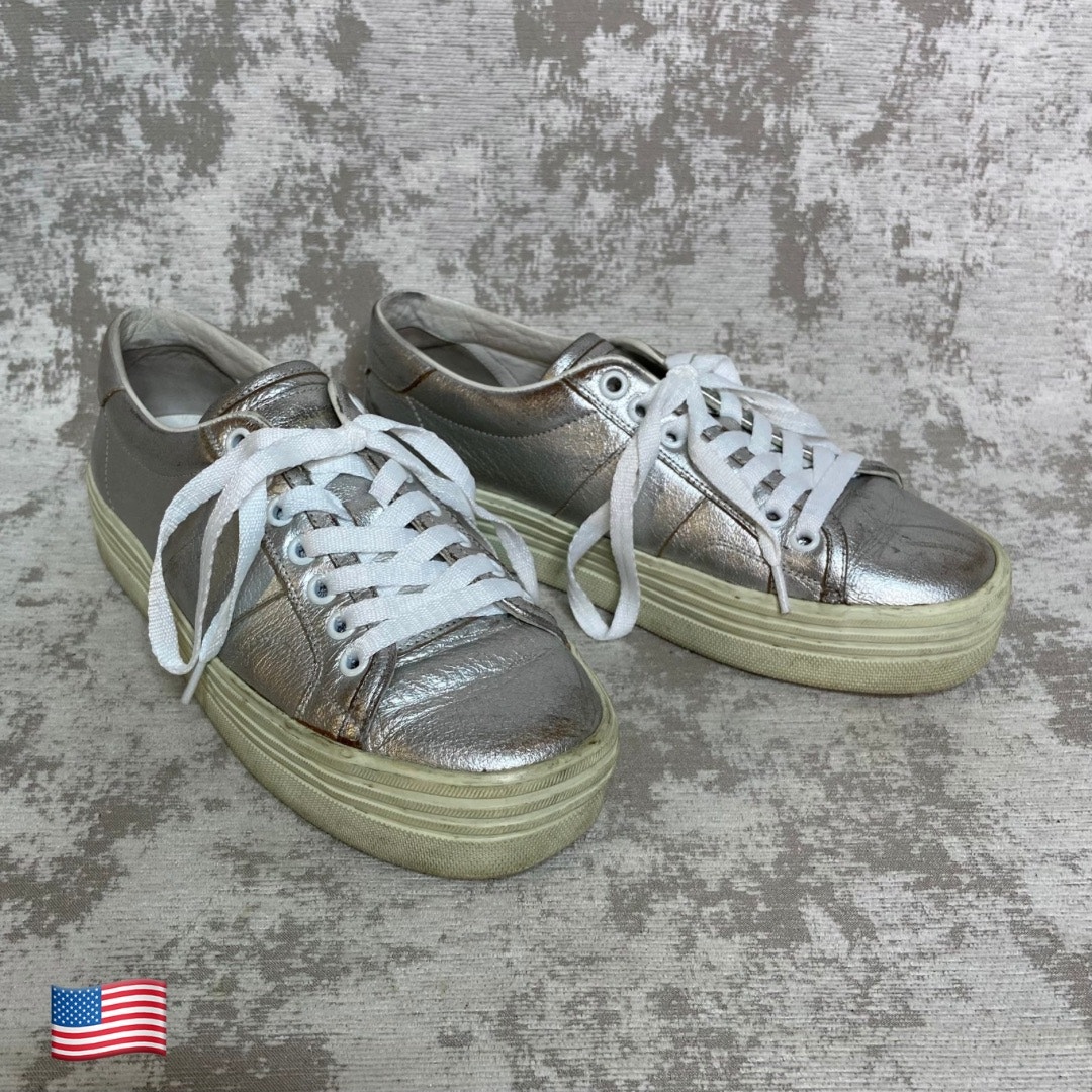 Saint Laurent Distressed Leather Platform Sneakers in Silver