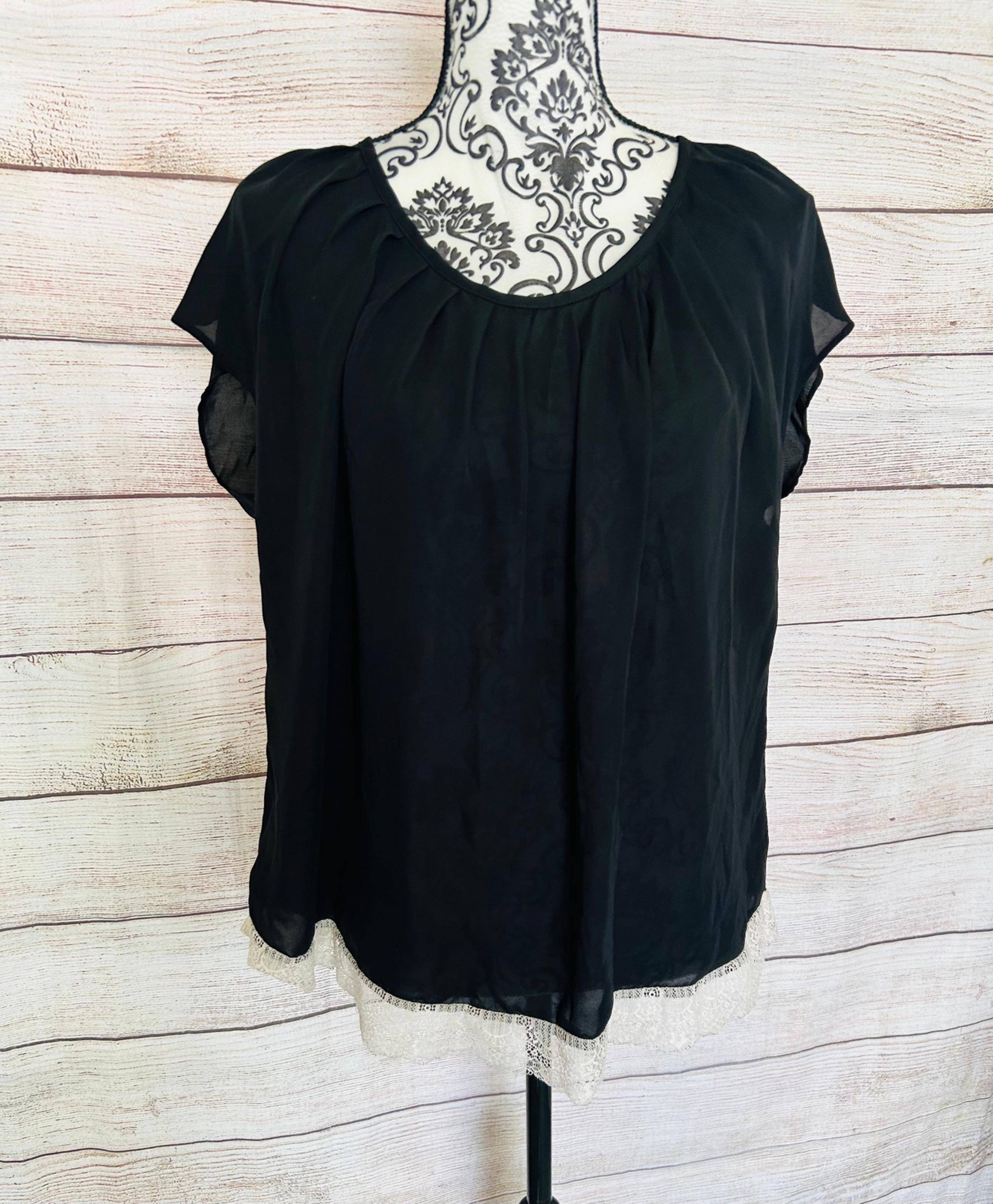 LC Lauren Conrad Women’s Black Short Sleeve Lace Trim Back Tie Chiffon Blouse XL