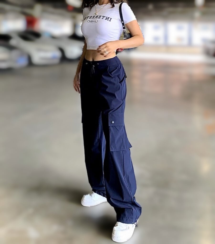 unisex Casual Blue Cargo Pants with pockets High Waist Retro Streetwear, New