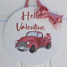 Hello Valentine red truck wood round sign