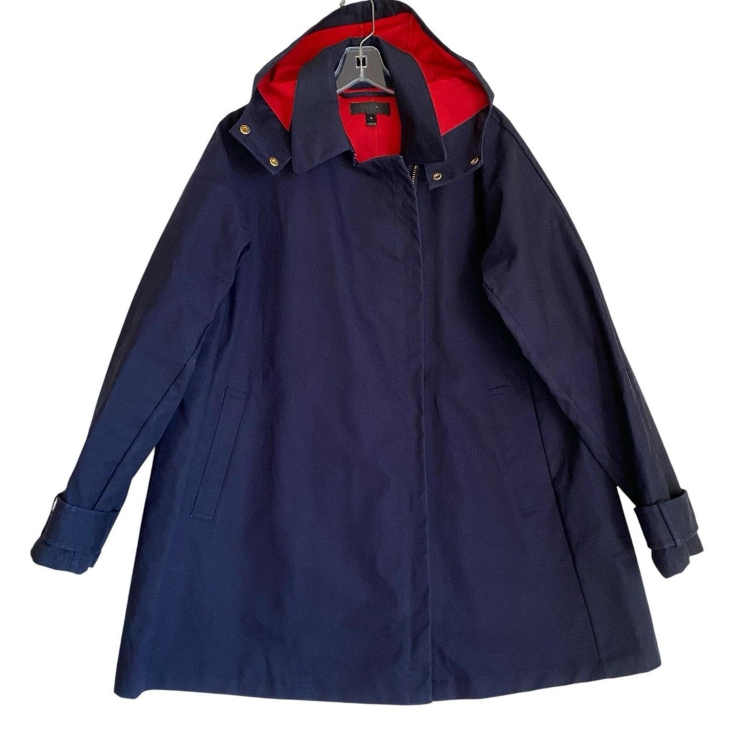 J.Crew Hooded Trench Coat Women XL Navy Red Swing Minimalist Preppy Windbreaker