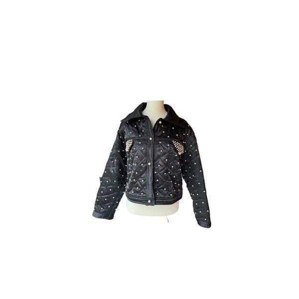 Vintage 1990's Creazioni Effeci Cropped Quilted Black Satin Bomber Jacket w/Pear