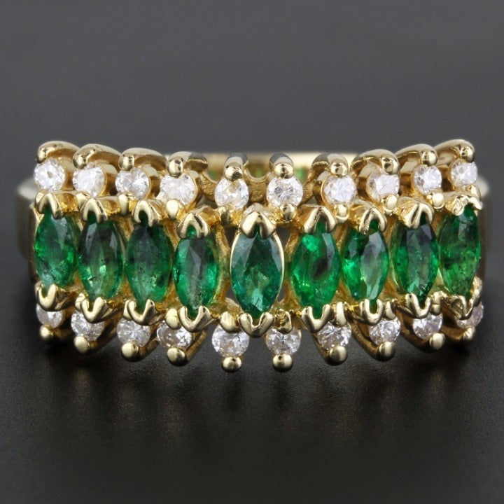 Vintage 14K Yellow Gold Emerald and Diamond Anniversary / Cocktail Band Ring