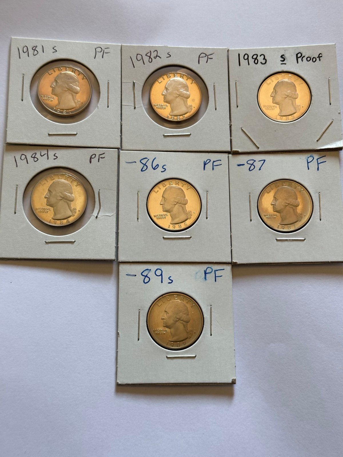 Lot of 7 1980s PROOF Washington quarters