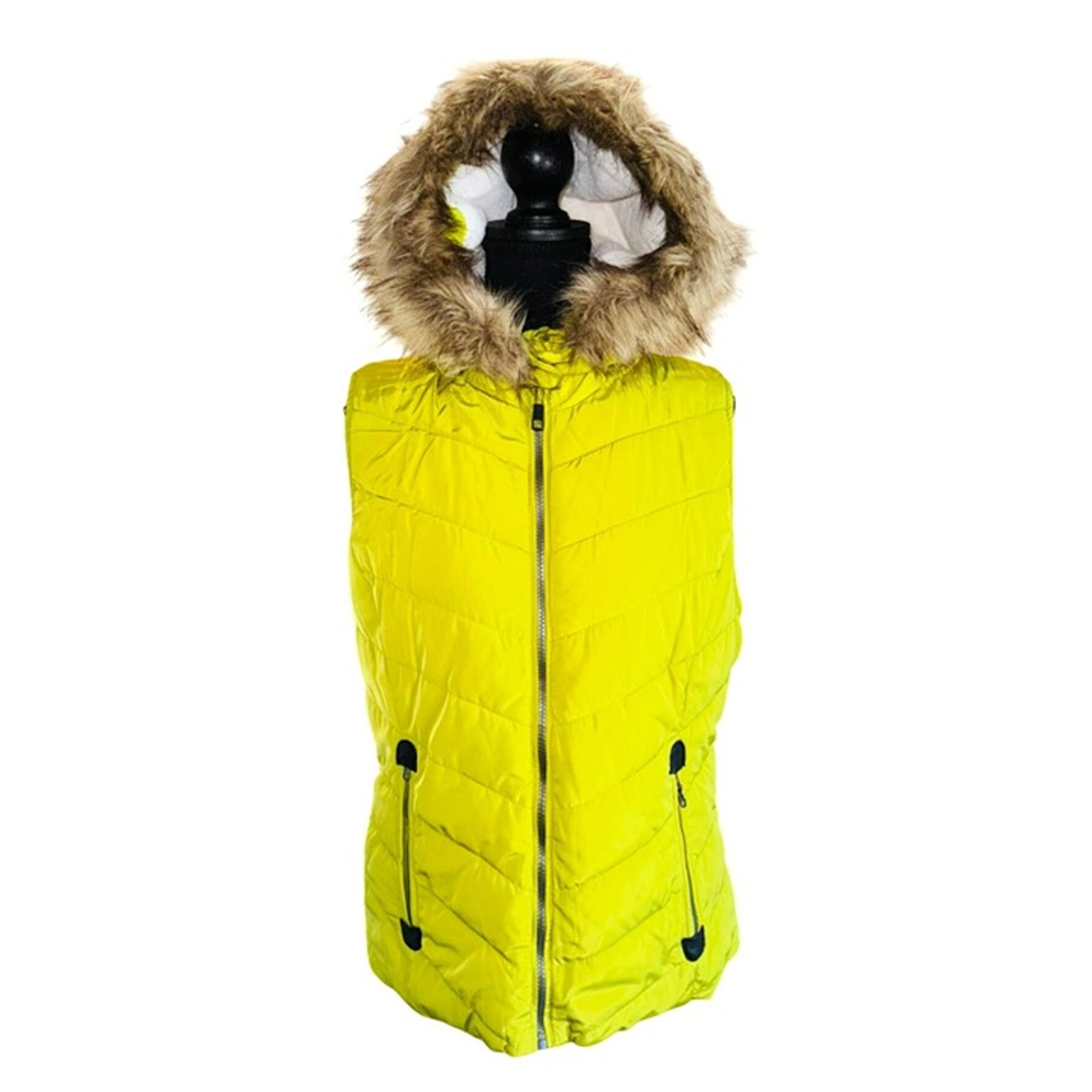 Green Tea Avocado Yellow Puffer Vest Faux Fur Hood Cozy Fur Lining L Outdoor Sno