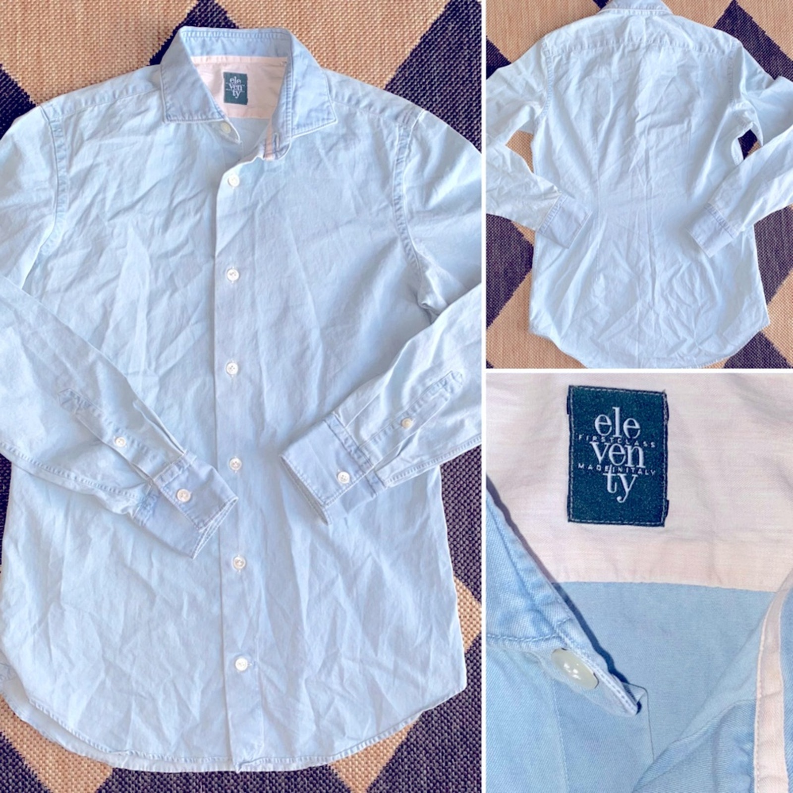 ELEVENTY Milano 395 Button‎ Down Chambray Blue Cotton Italian Shirt Mens Small