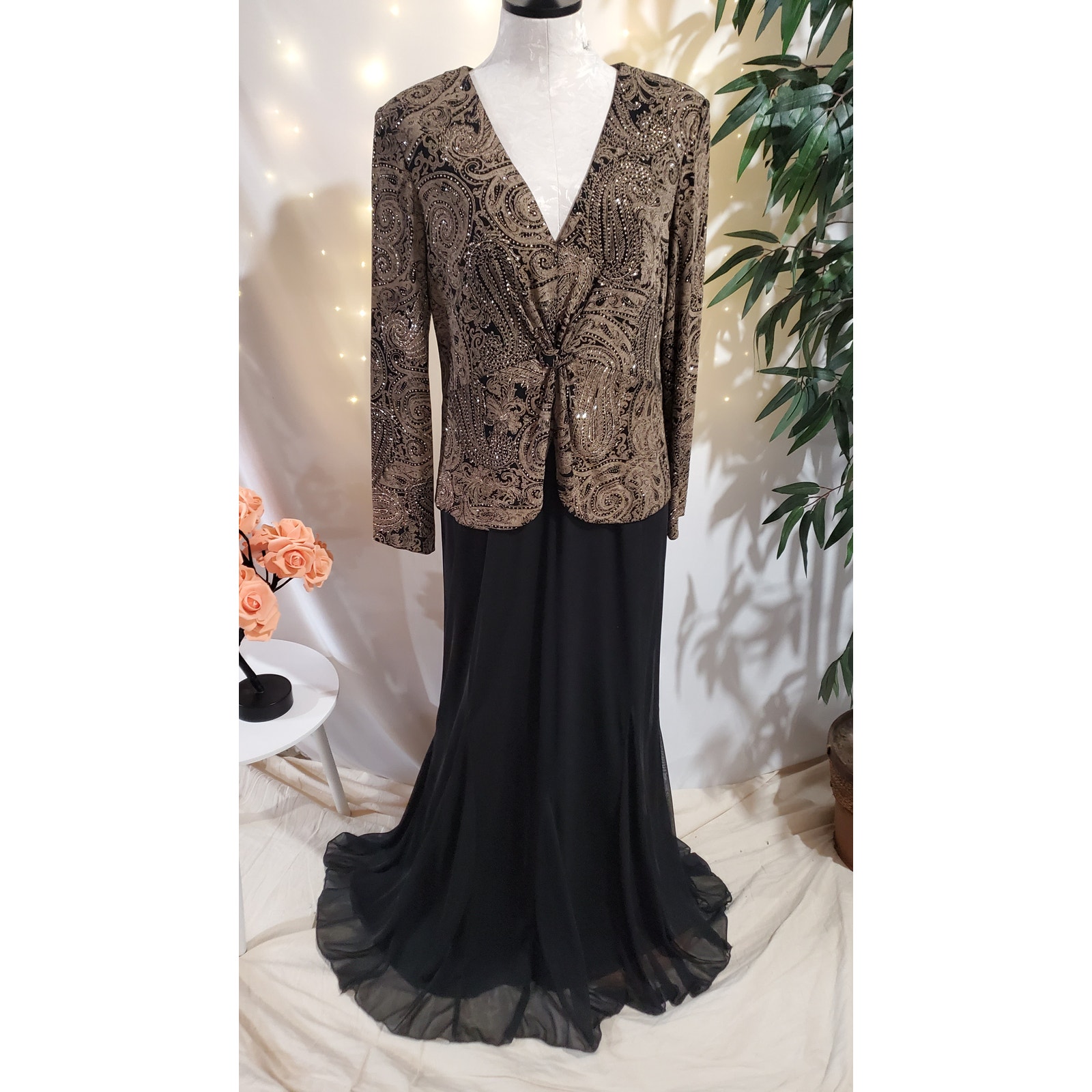 Vtg Alex Evenings Paisley Glitter Sparkle Jacket Chiffon Maxi Dress Size 14