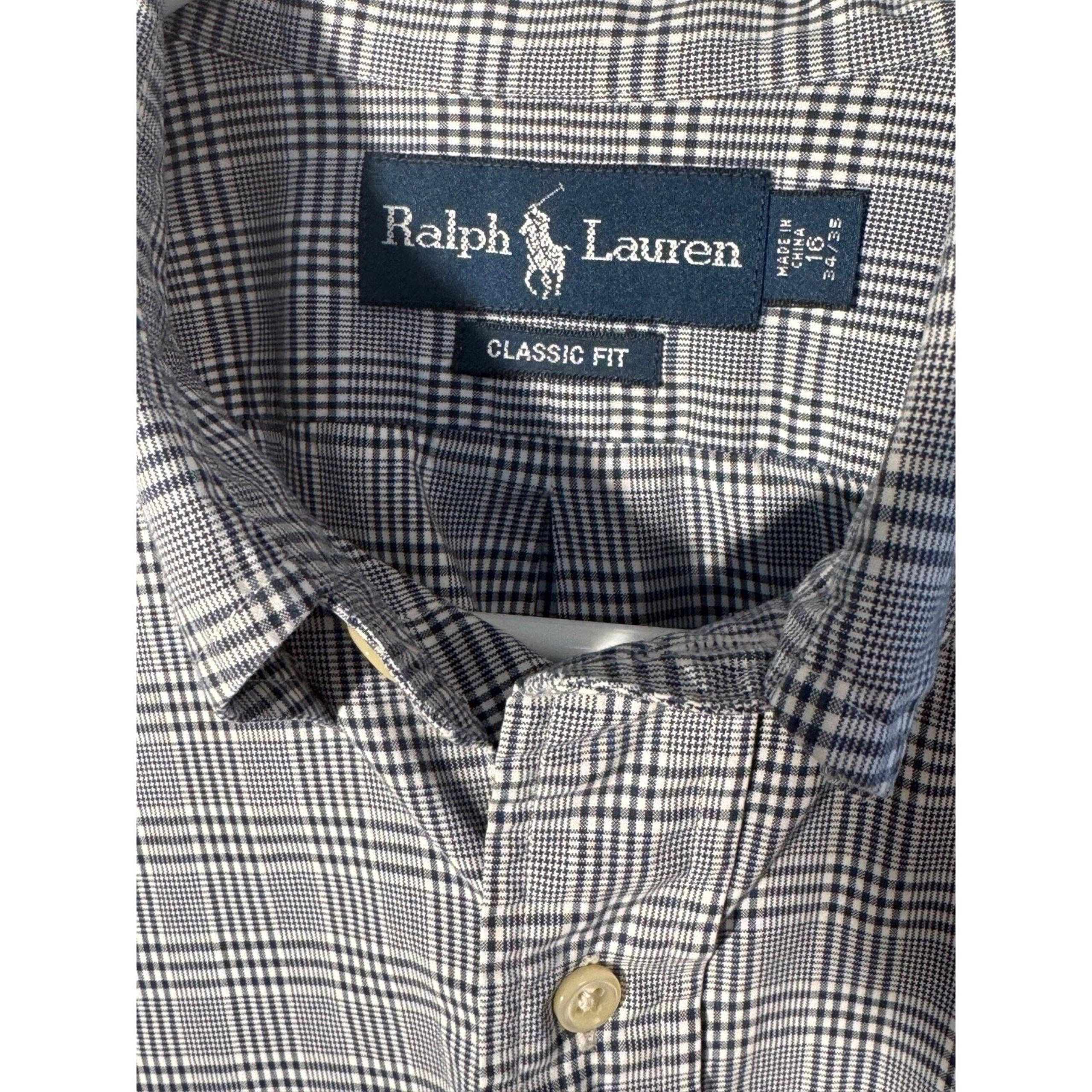 Ralph Lauren Blue Plaid Classic Fit Button Down Men 16 34/35 Long Sleeve Shirt