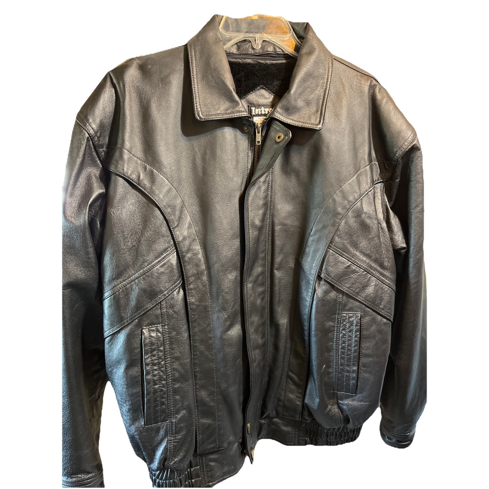 Intro Men’s Bomber Leather Jacket Size XL Y2K Vintage Black Long Sleeve Full Zip