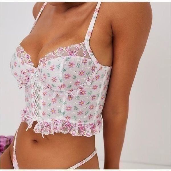 For Love & Lemons Blooms Bustier Top White Pink Size 38C