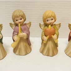 Vintage Lefton Hand Painted Bisque Christmas Angels W/harp, Horn, Heart, Flute