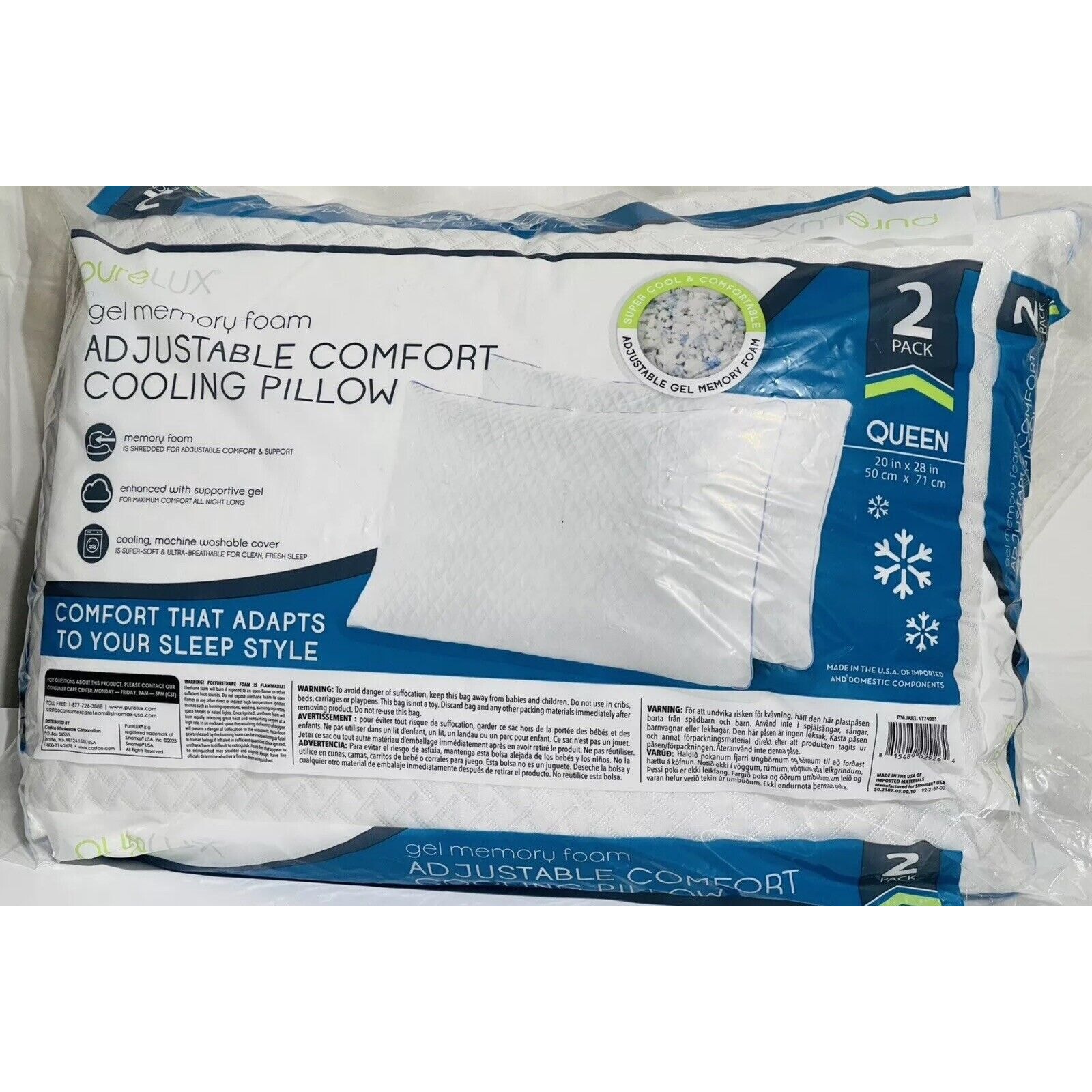 Purelux gel memory foam adjustable comfort cooling pillow 2 pack Queen