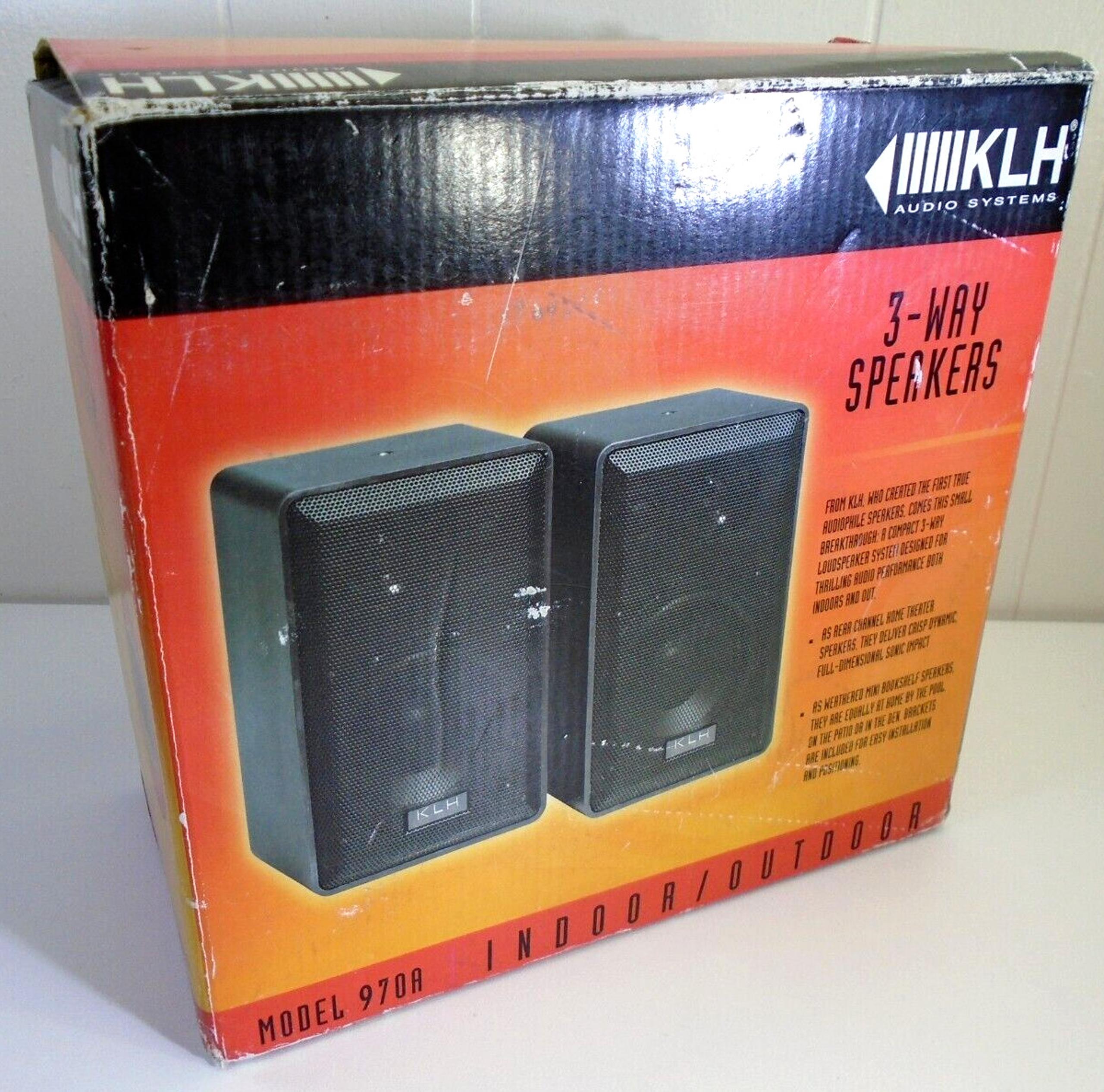 Vtg KLH Bookshelf Speakers 40W 3-Way w/ Brackets Wires Model 970A Indoor Outdoor