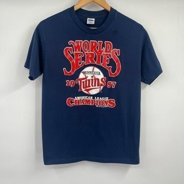 Vintage 1987 Trench Minnesota Twins ALCS Champions T-Shirt Navy Mens MLB Large
