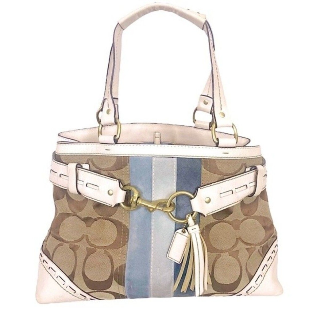 HAMPTON Coach Signature Monogram Blue Suede White Leather Tote Satchel 7031