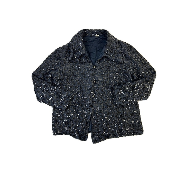 Vintage Womens Small Black All Over Sequin Embellished Blazer Jacket Disco Glam