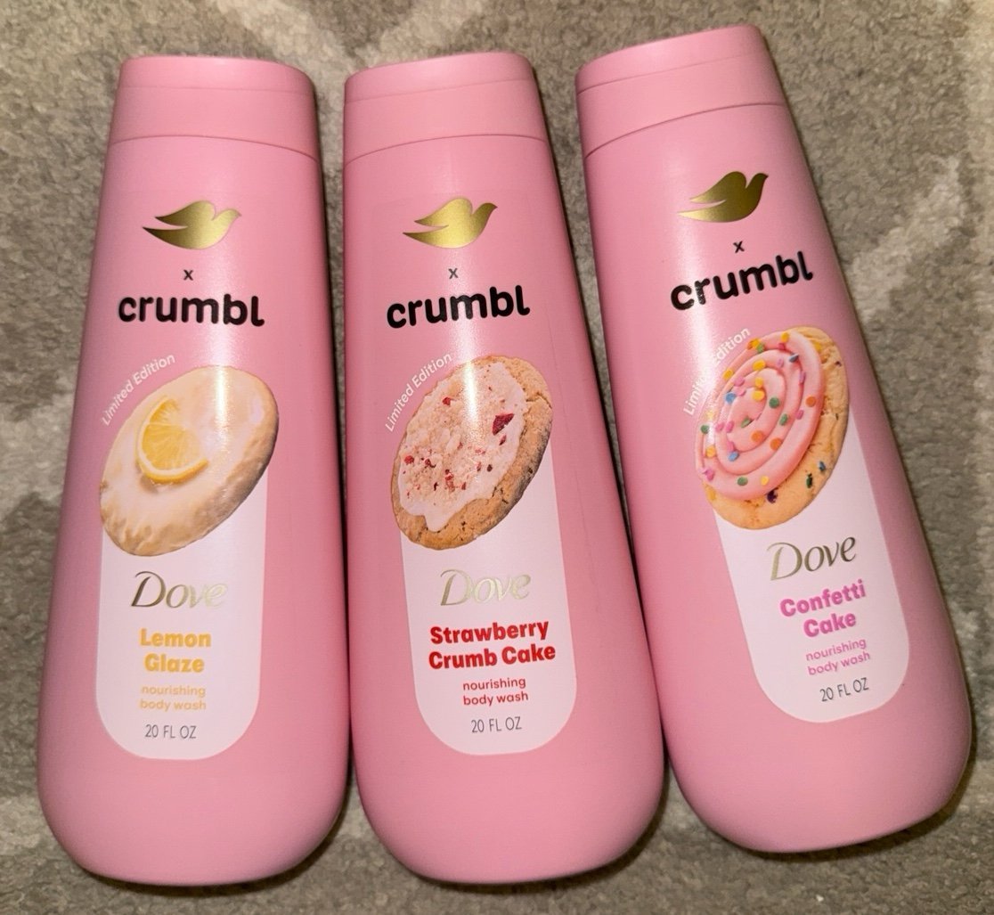 New Dove Crumbl cookie Body Wash Set of 3 strawberry, confetti cake, lemon 20 oz