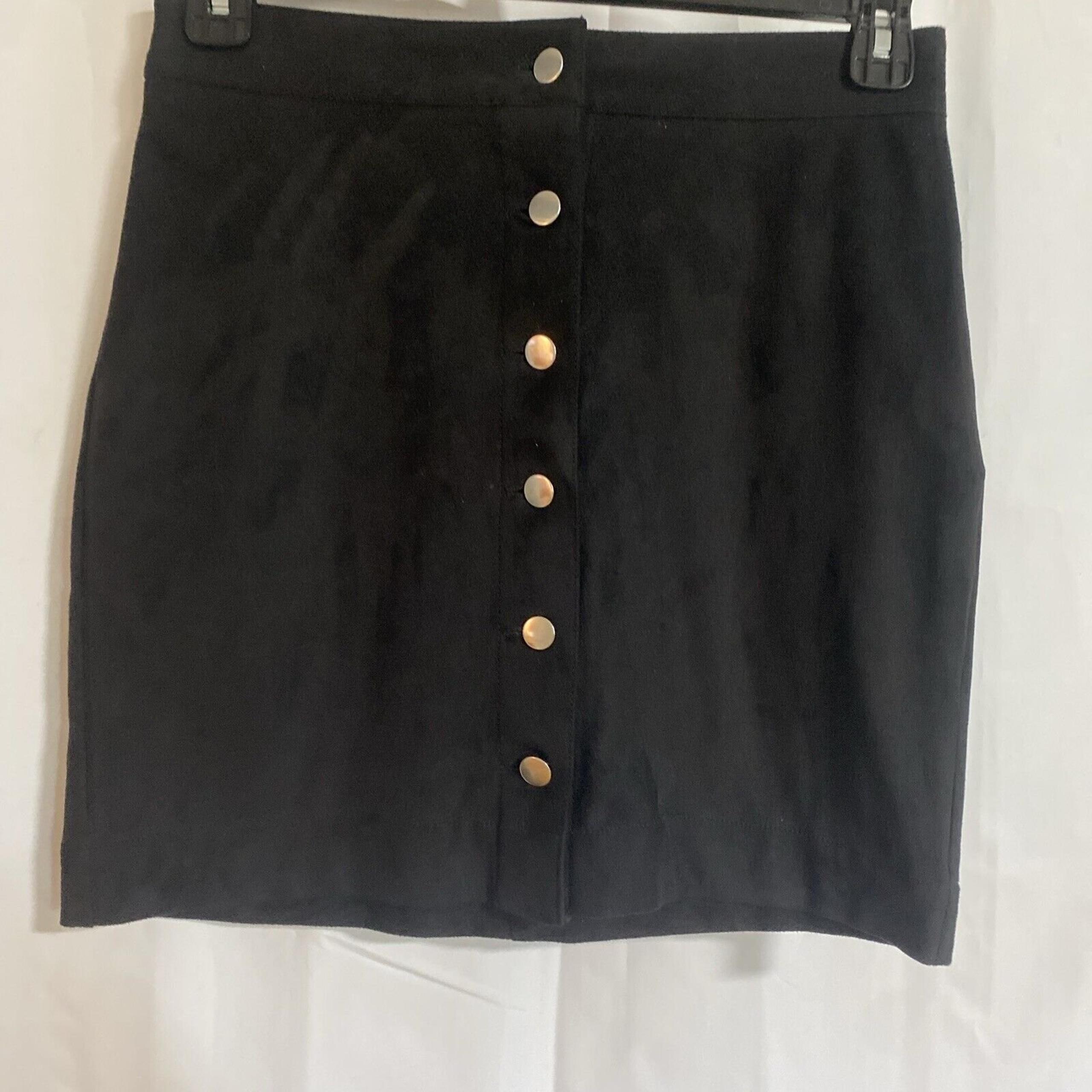 H&M Faux Suede Buttoned Down A Line Black High Waisted Mini Skirt Size 8