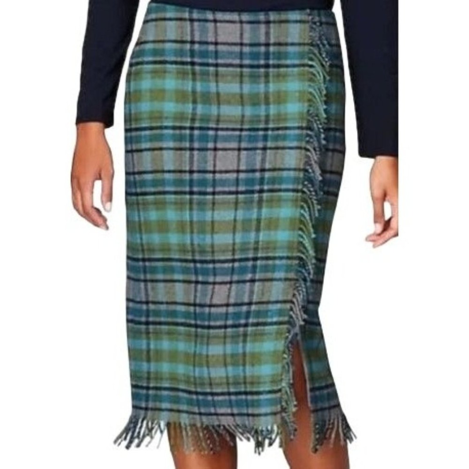 J.Jill Fringe Plaid Wool Blend Faux Wrap Skirt Womens 6