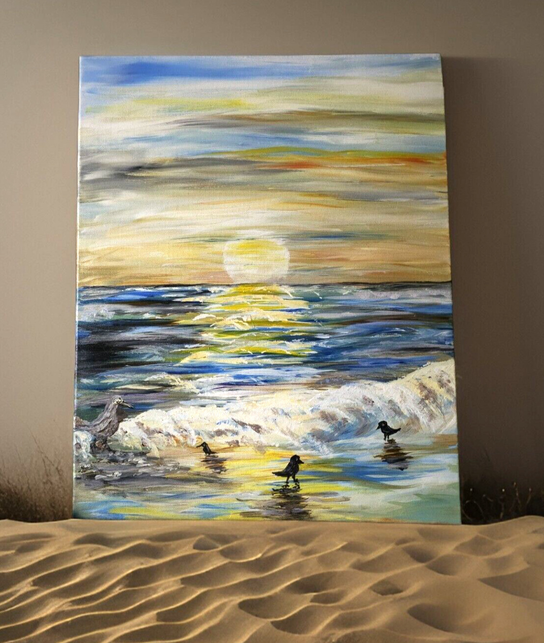 Painting Acrylic Original Art on Canvas 16 x 20 Home Decor Wall BEACH BIRDS