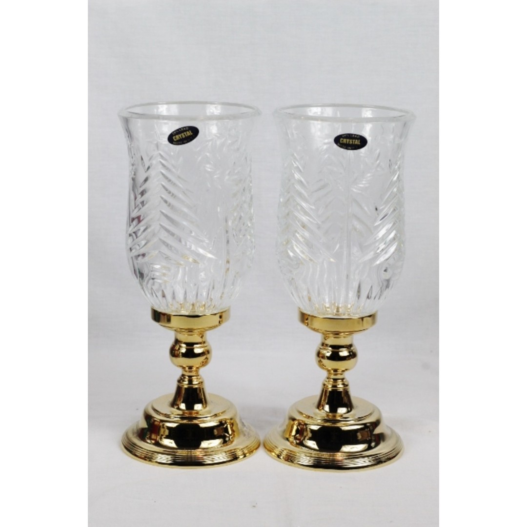 Int'l Silver Set of 2 Lead Glass Crystal Tree Hurricane Lamp Candleholder 11
