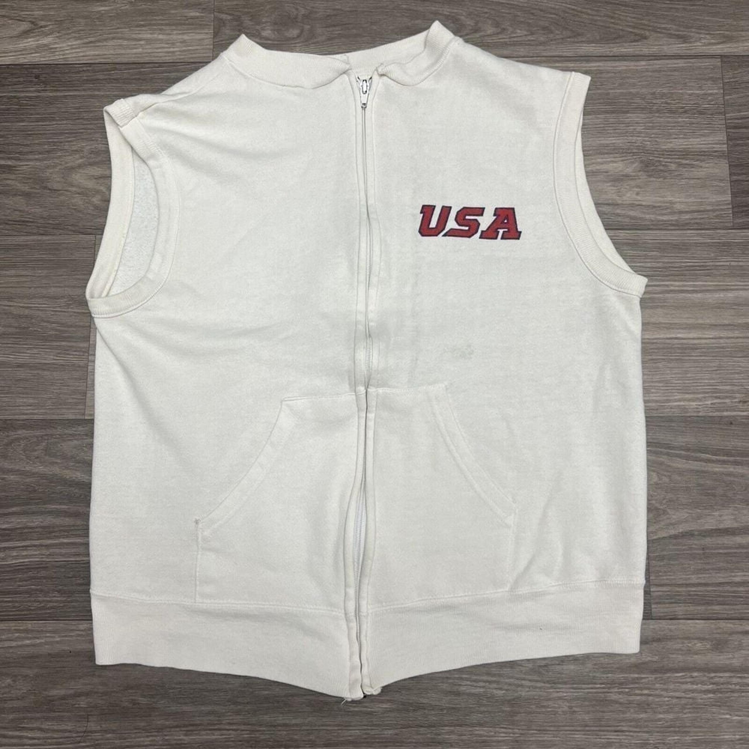Vintage 80s Champion Vest Womens L Fleece Full Zip USA Babydoll Fit White NY