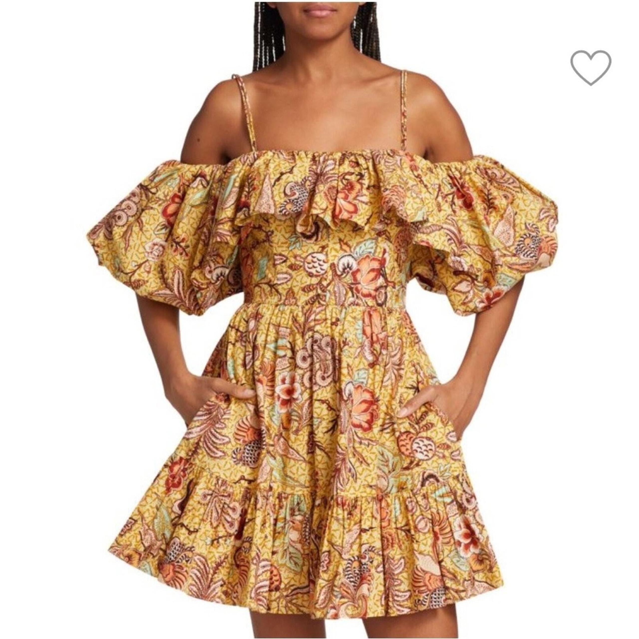 Ulla Johnson Lila Off The Shoulder Yellow Multicolor Floral Mini Dress Sz 10