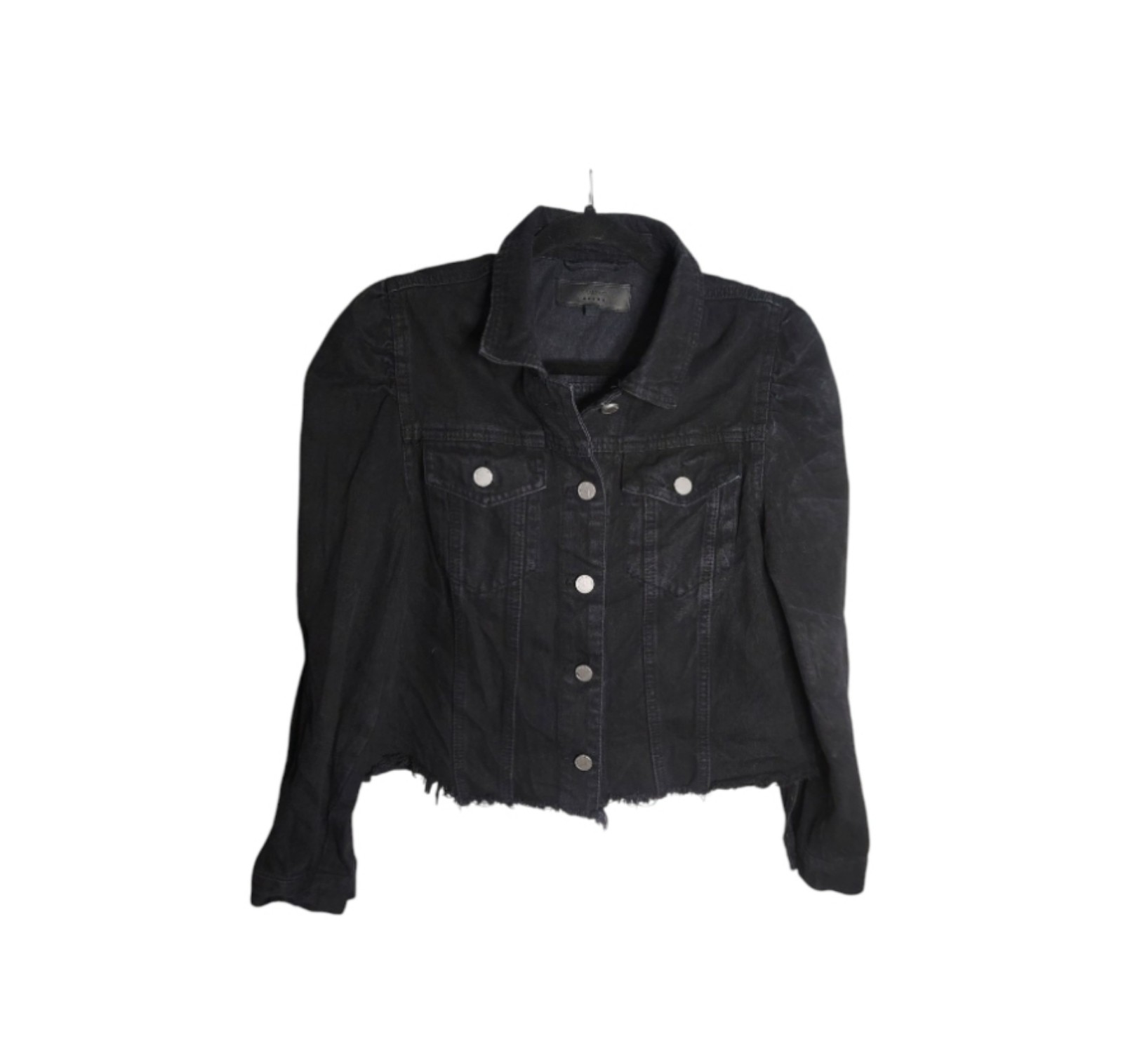 Blank NYC Womens Cropped Black Denim Jean Jacket Grunge Rock Raw Hem Size Medium