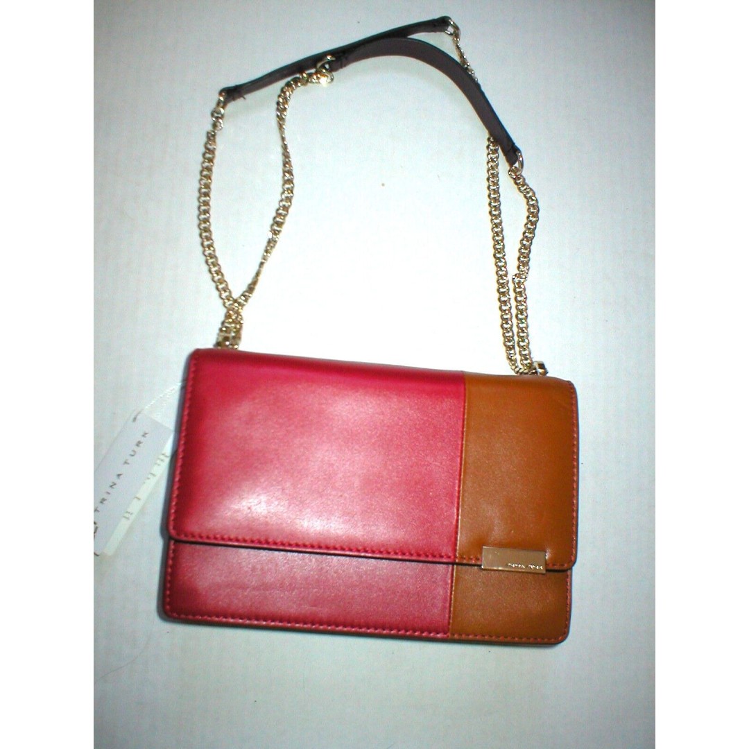 New NWT Trina Turk Designer Handbag Red Purple Tan Leather Flap Silver Womens