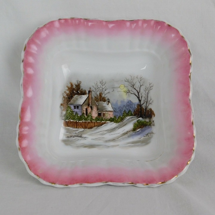 Vintage Numbered 274/751 Pink Rim Square Bowl w/Handpainted Winter House Scene
