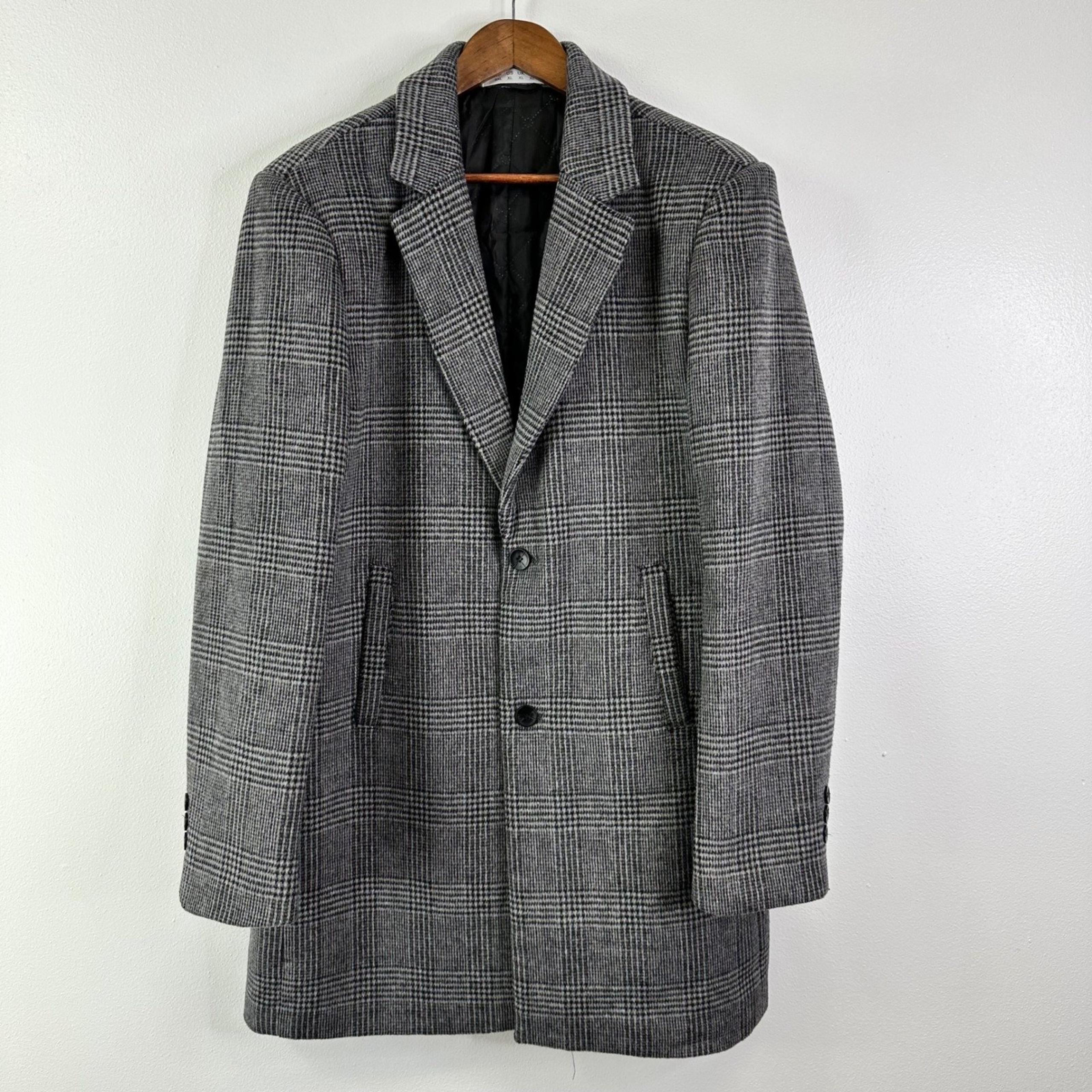 Unbranded 2-Button Wool Blend Pea Coat Grey Plaid Size XL