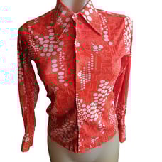 Vintage 70s Women's XS Red White Geometric Long Sleeve Button-Up Disco Shirt