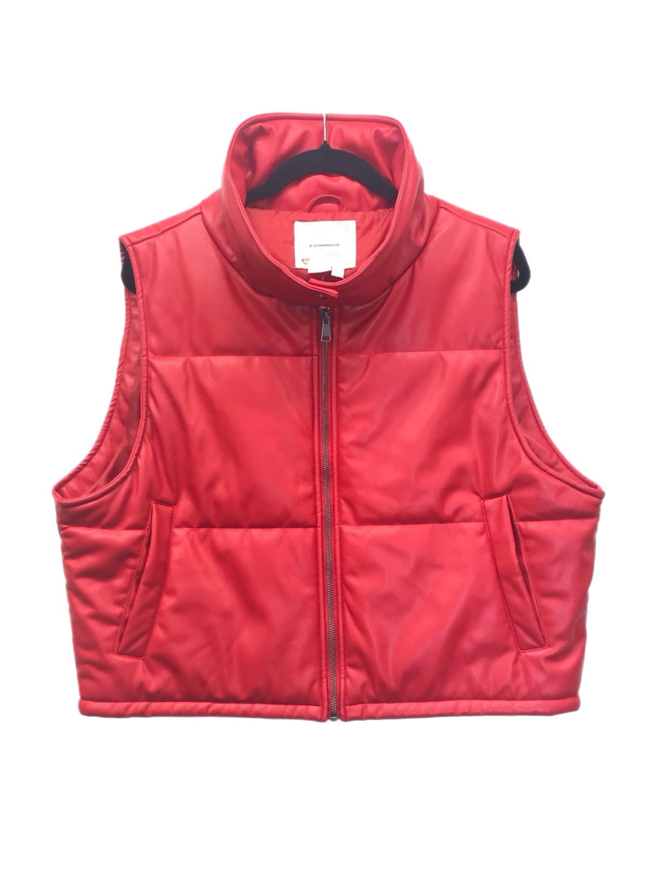 Anthropologie Puffer Vest Women’s Size L Red Faux Leather Full Zip Pockets - NEW