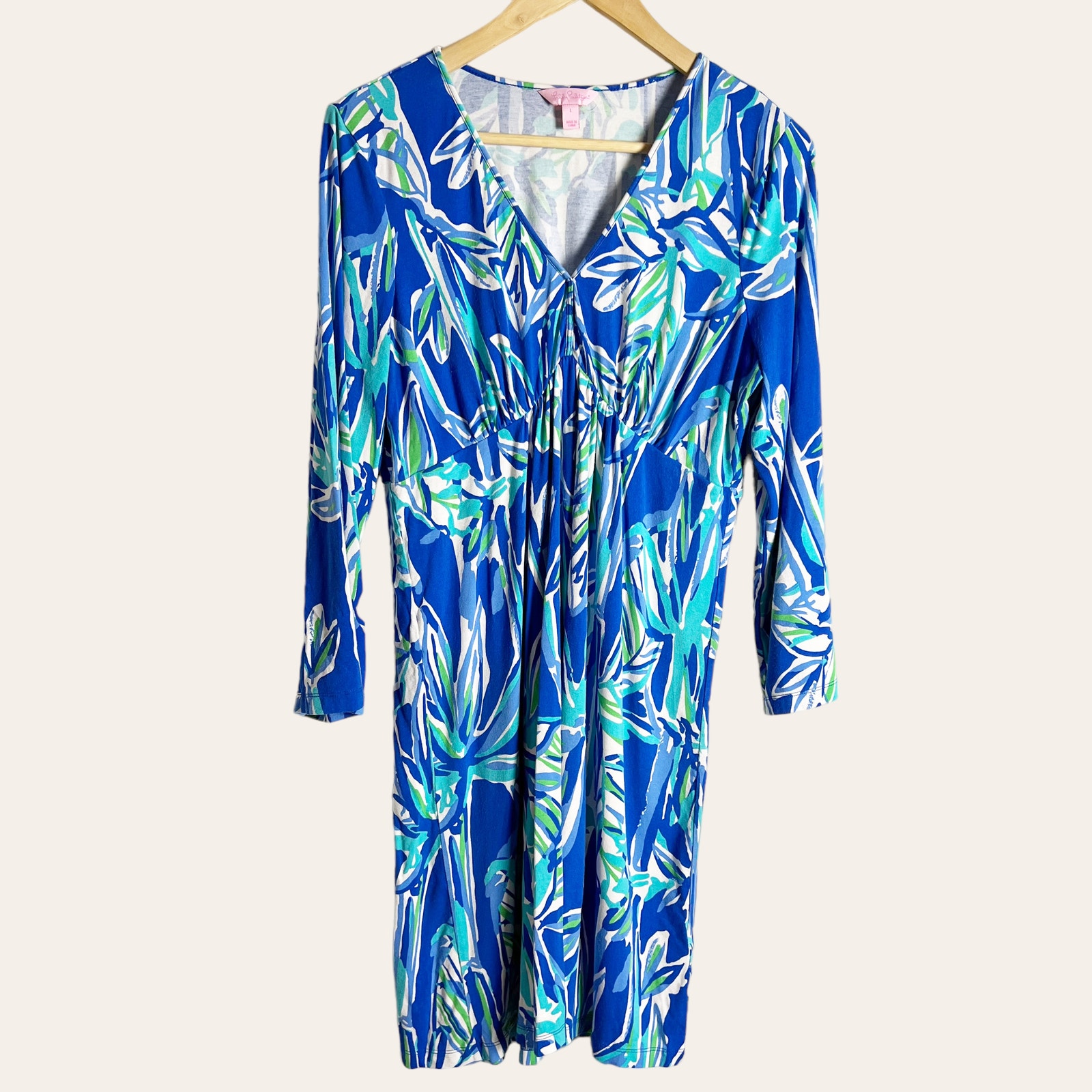 Lilly Pulitzer Blue Crush Bamboom Print Empire Waist V-Neck Bell Sleeve Dress L