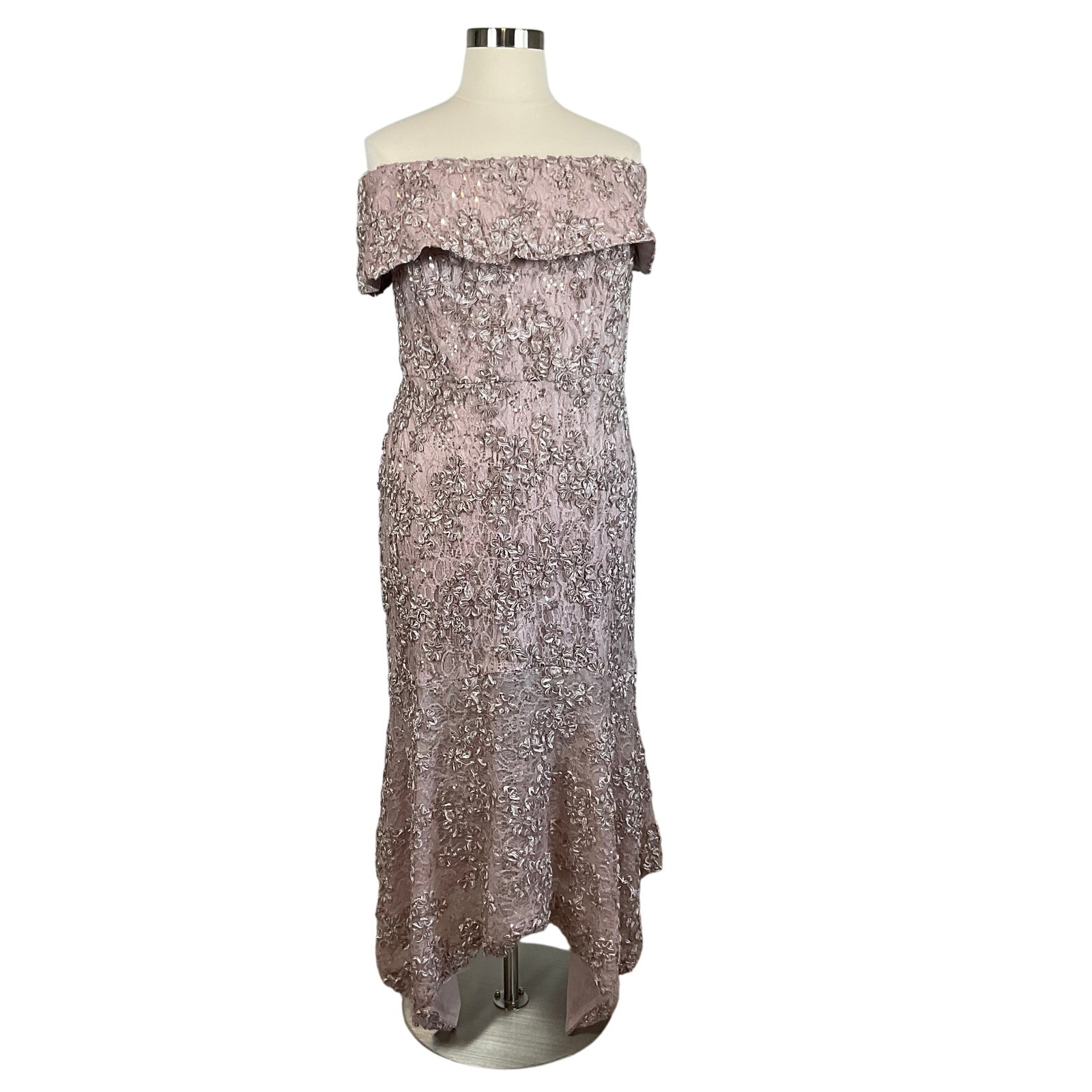 XSCAPE Women's Formal Dress Size 22W Purple Sequined Lace Off the Shoulder Gown