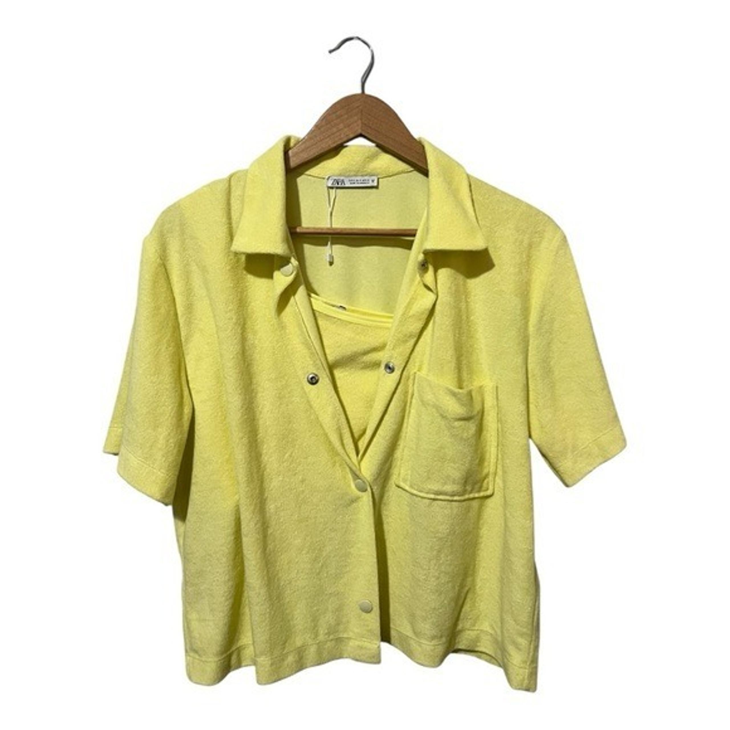 ZARA Pale Yellow Terry Shirt Set Size Small/Medium Cover Up Snaps Swim Beach