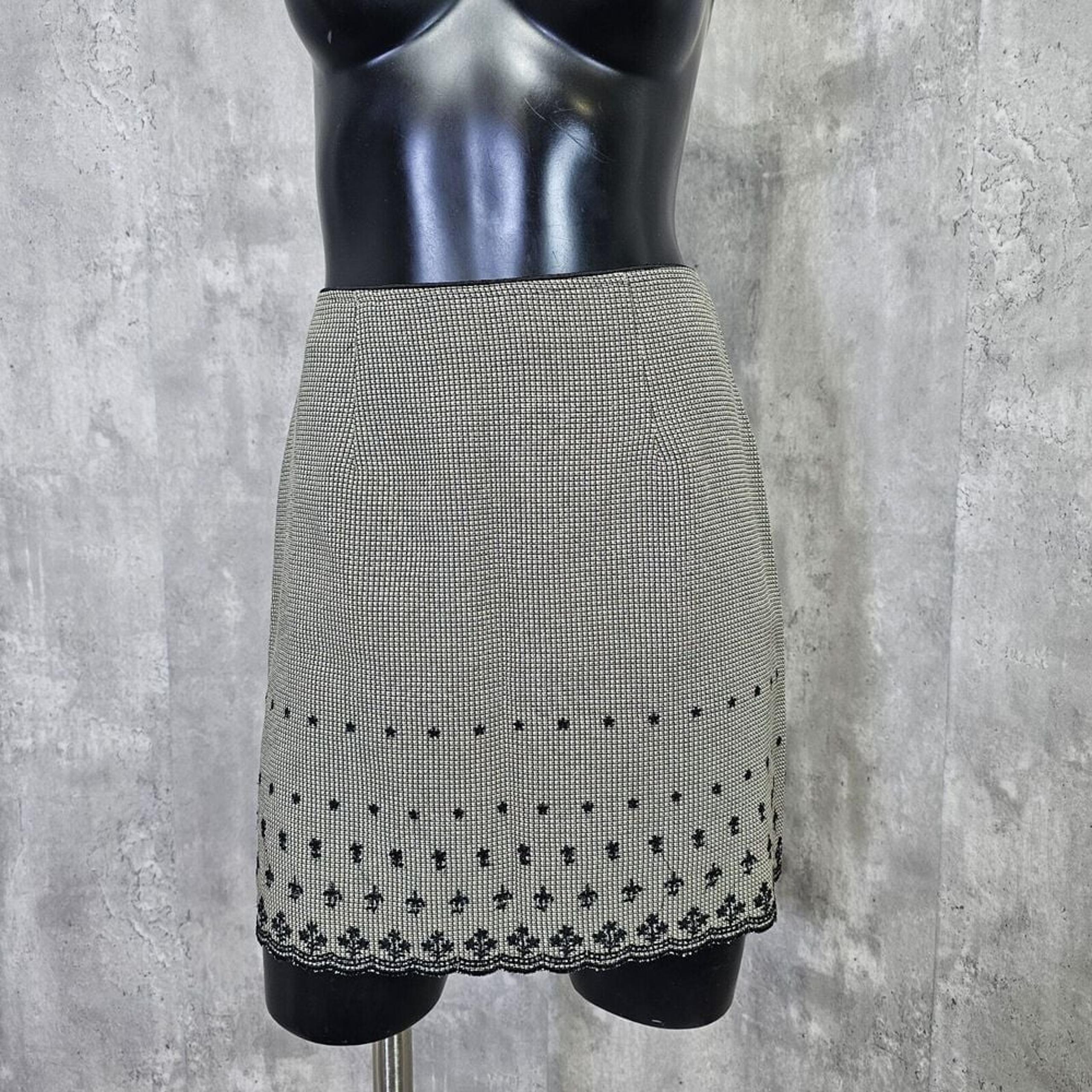 Vintage 90s Y2K Wrapper Womens S Tan Black Mini Aline Skirt Eyelet Embroidery