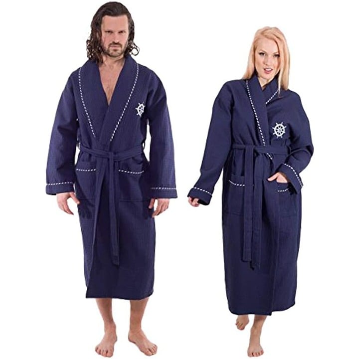 Unisex Turkish Cotton Terry Cloth Bathrobe With Nautical Design L/XL Navy